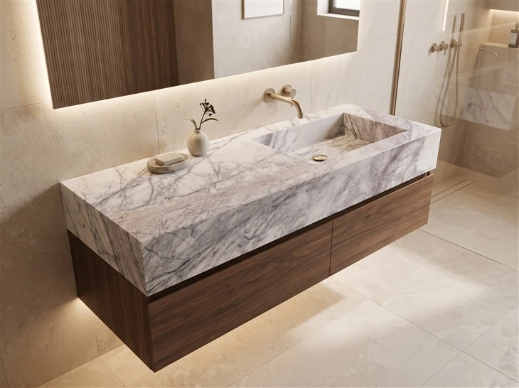 Lilac Marble bathroom vanity with an integrated stone sink and mitered edges
