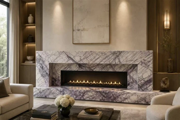 Lilac Marble fireplace surround with mitered edges and coordinated stone panels in a luxury living room