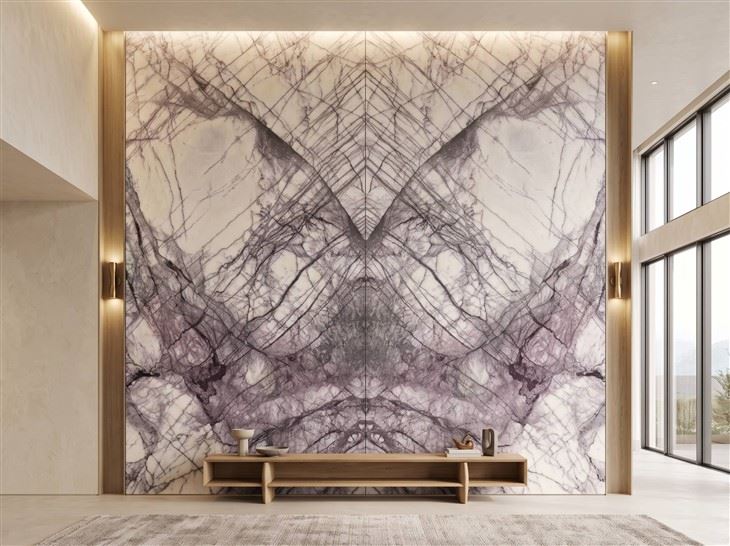 Two book-matched Lilac Marble wall panels installed as a luxury floor-to-ceiling feature wall