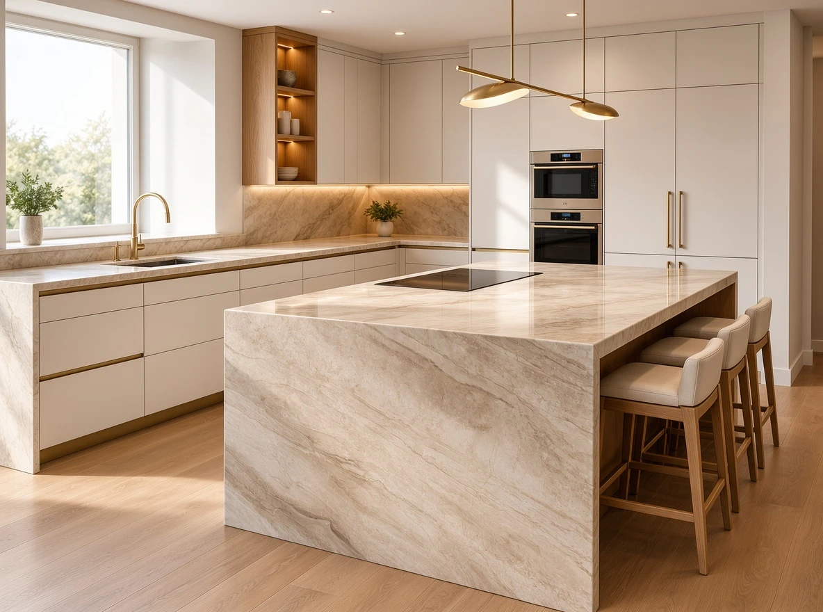 Daino Beige Marble kitchen countertop and waterfall island with white cabinetry and warm wood accents Daino Beige Marble kitchen countertop and waterfall island with white cabinetry and warm wood accents