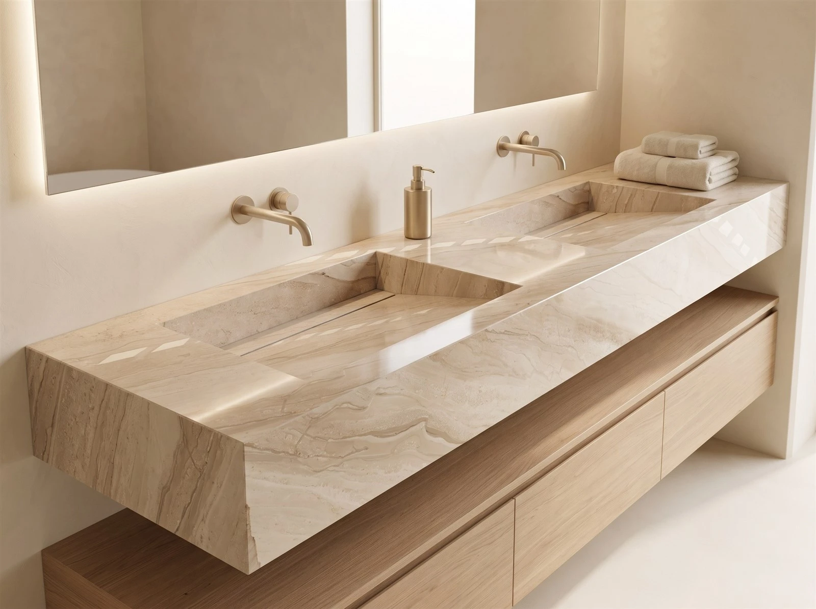 Daino Beige Marble double vanity top with integrated sinks and mitered edges in a modern luxury bathroom Daino Beige Marble double vanity top with integrated sinks and mitered edges in a modern luxury bathroom