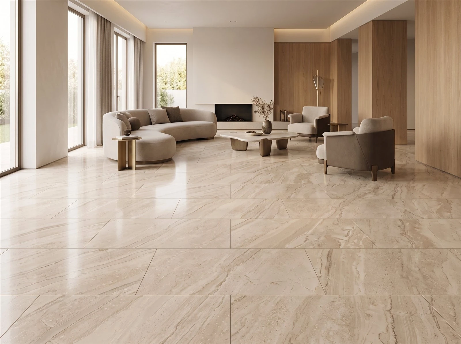 Daino Beige Marble floor tiles with visible grout joints in a spacious luxury custom home living room Daino Beige Marble floor tiles with visible grout joints in a spacious luxury custom home living room