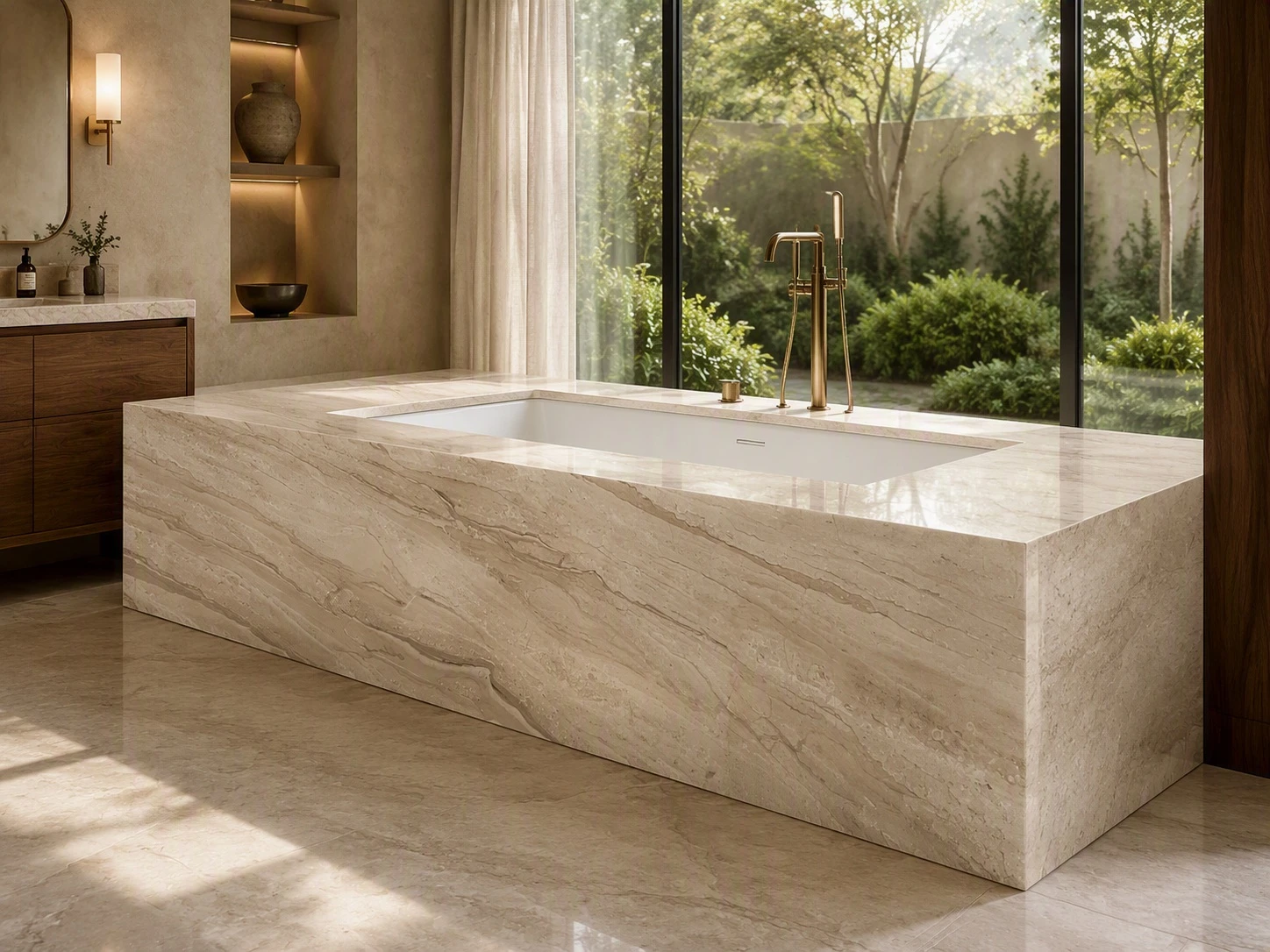 Daino Beige Marble bathtub deck with mitered edges in a luxury bathroom overlooking a private garden Daino Beige Marble bathtub deck with mitered edges in a luxury bathroom overlooking a private garden